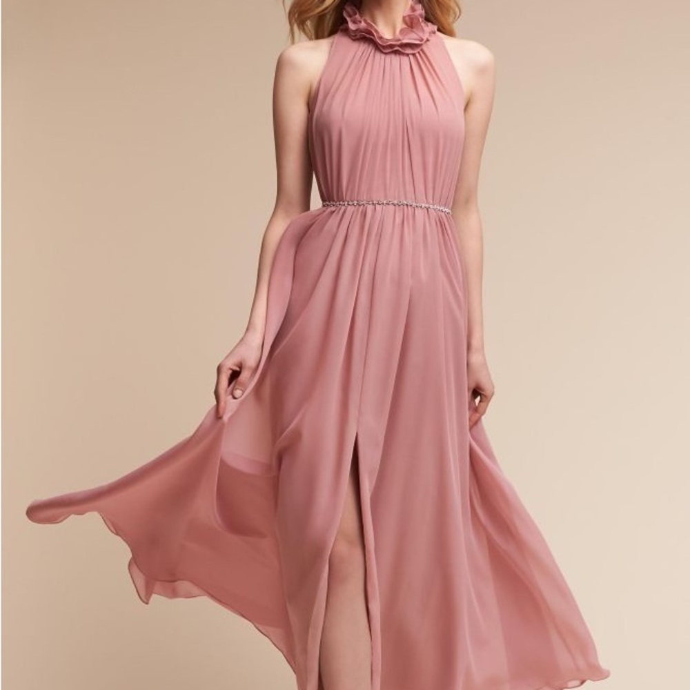 Vera Wang Pink Chiffon Ruffle Neck Maxi Bridesmaid Dress